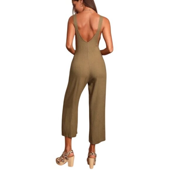 Lulus‎ Torrey Olive Green Wide-Leg Overalls Size S Linen Blend Cropped Leg - Picture 7 of 16